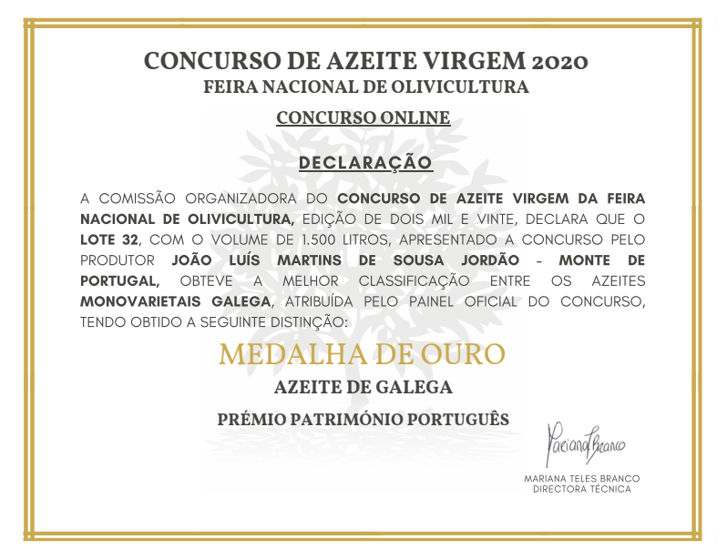 Diploma Medalha Ouro 2020 Feira Nacional Olivicultura
