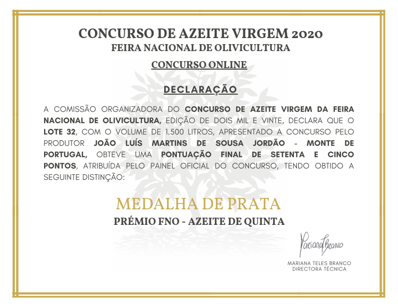 Diploma Medalha Prata 2020 Feira Nacional Olivicultura